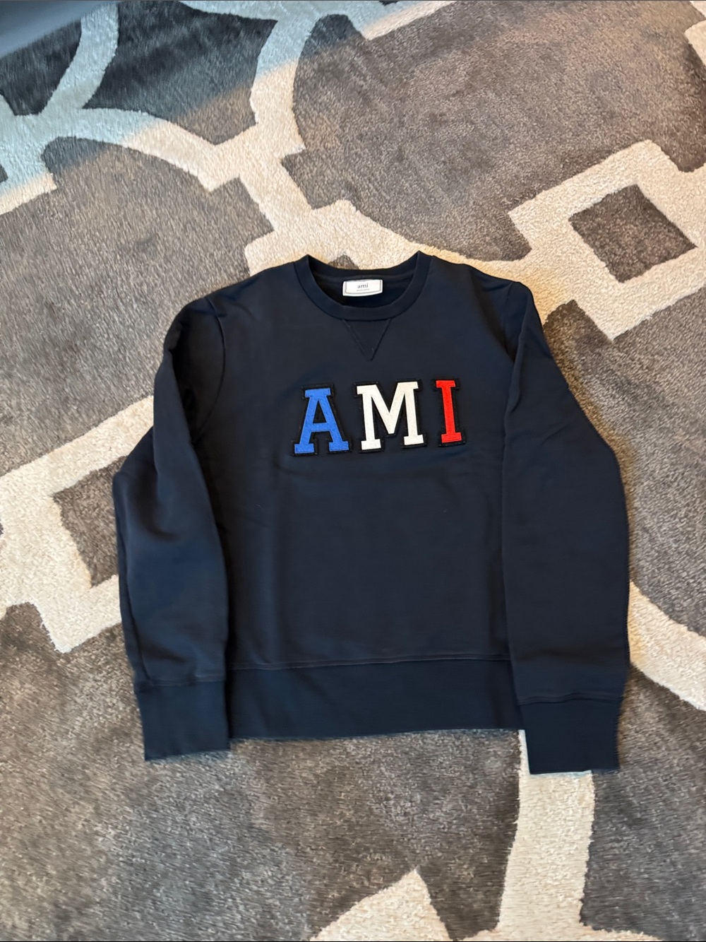 Ami Navy Crewneck with Red White Blue Lettering